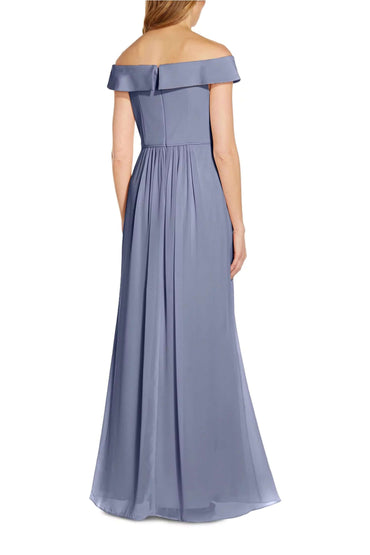 Adrianna Papell Off Shoulder Zipper Back Ruched Piping Detail Crepe Chiffon Gown-1