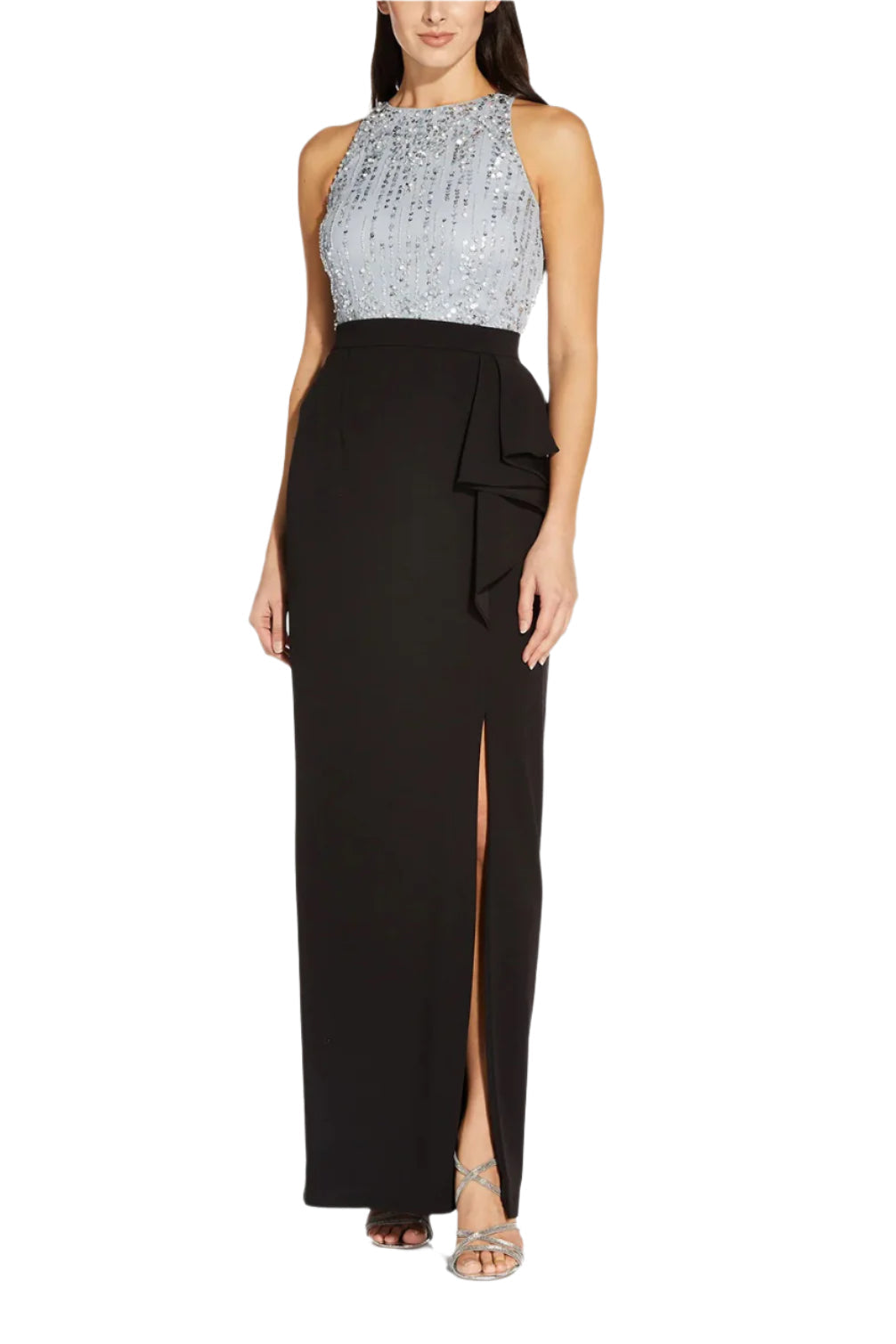 Adrianna Papell Mid Banded Waist Ruffled Slit Side Solid Long Knot Crepe Skirt-2