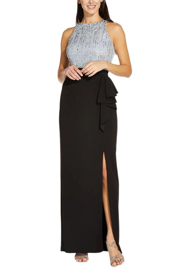 Adrianna Papell Mid Banded Waist Ruffled Slit Side Solid Long Knot Crepe Skirt-1