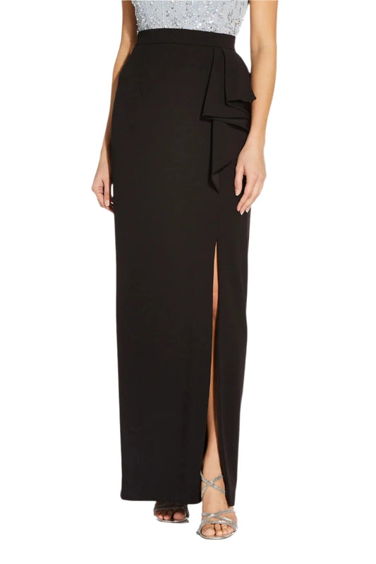 Adrianna Papell Mid Banded Waist Ruffled Slit Side Solid Long Knot Crepe Skirt-0