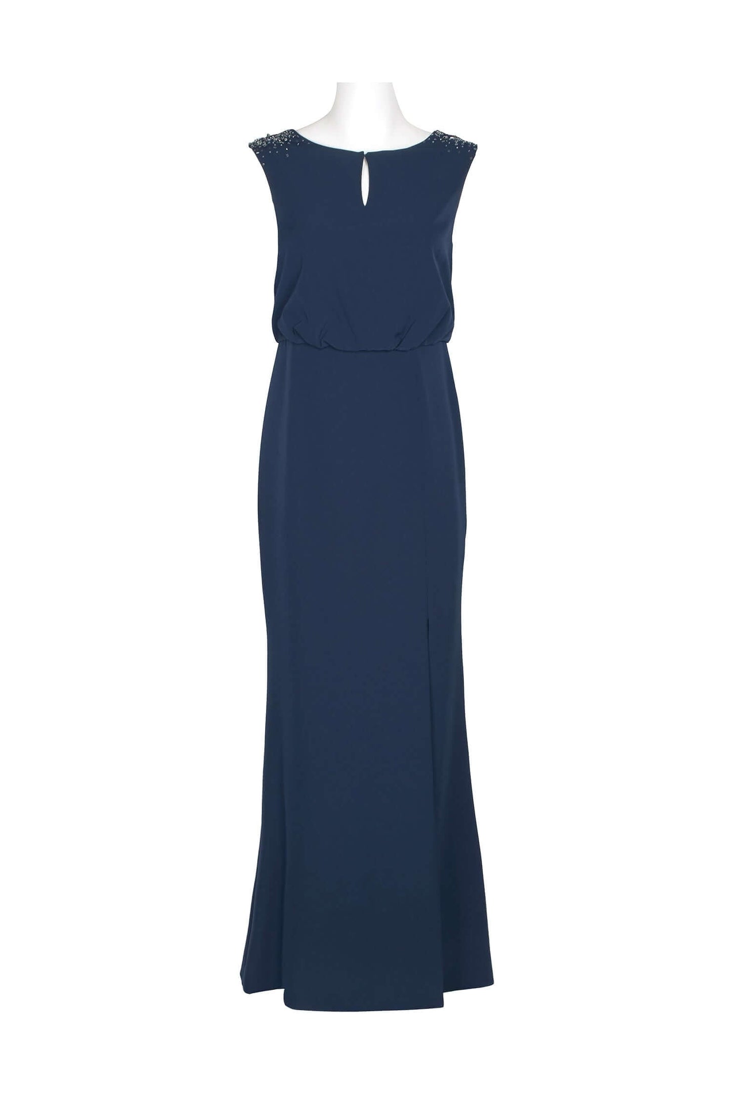 Adrianna Papell Boat Neck Keyhole Front Sleeveless Embellished Shoulder Blouson Pleated Zipper Back Slit Front Crepe Gown-0
