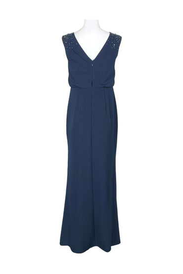 Adrianna Papell Boat Neck Keyhole Front Sleeveless Embellished Shoulder Blouson Pleated Zipper Back Slit Front Crepe Gown-1