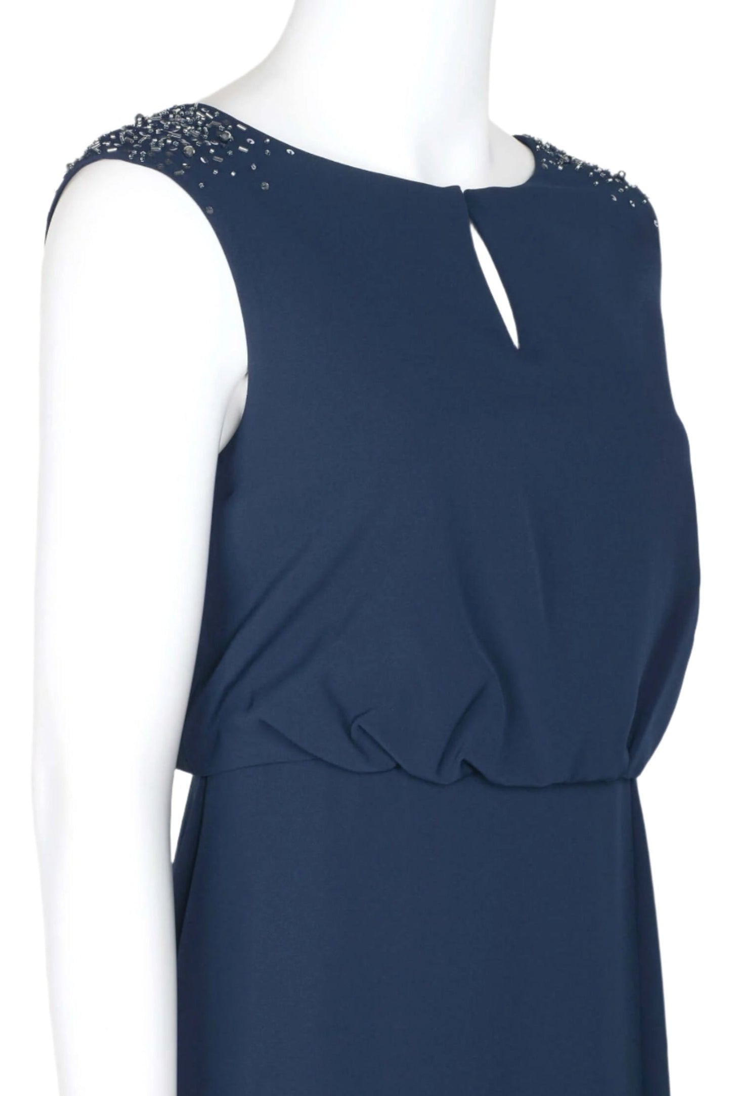 Adrianna Papell Boat Neck Keyhole Front Sleeveless Embellished Shoulder Blouson Pleated Zipper Back Slit Front Crepe Gown-2