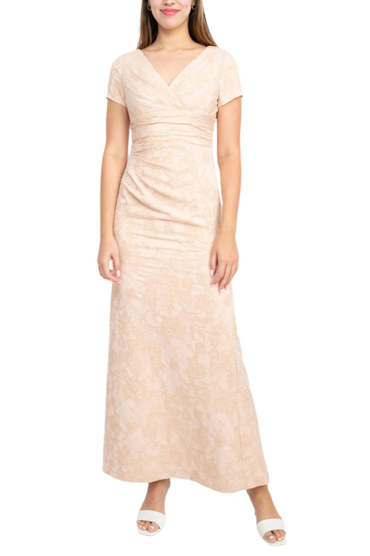 Adrianna Papell V-Neck Short Sleeve Pleated Gathered Side Zipper Back Matelasse Dress-0