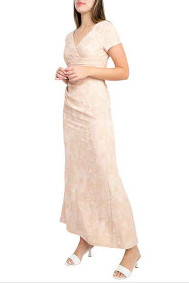 Adrianna Papell V-Neck Short Sleeve Pleated Gathered Side Zipper Back Matelasse Dress-1