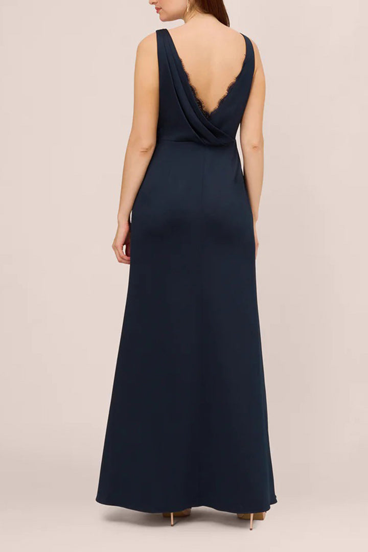 Adrianna Papell V-neck sleeveless solid satin crepe mermaid gown