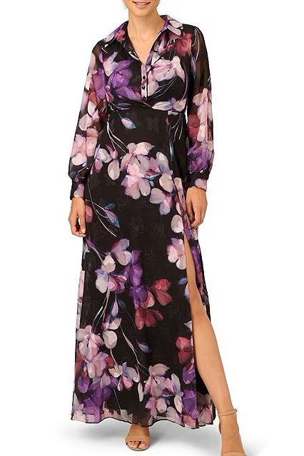 Adrianna Papell collared V-neck long sleeve zipper closure floral print georgette gown-0