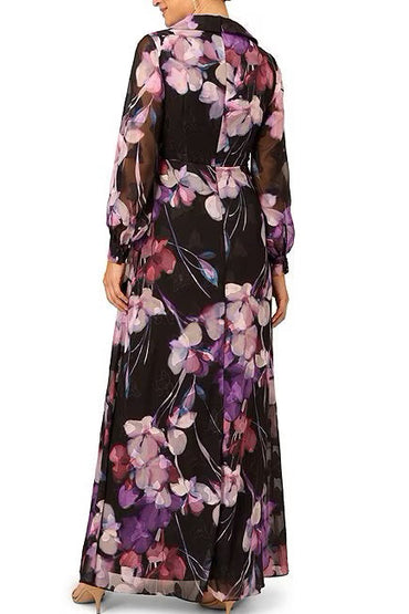 Adrianna Papell collared V-neck long sleeve zipper closure floral print georgette gown-1