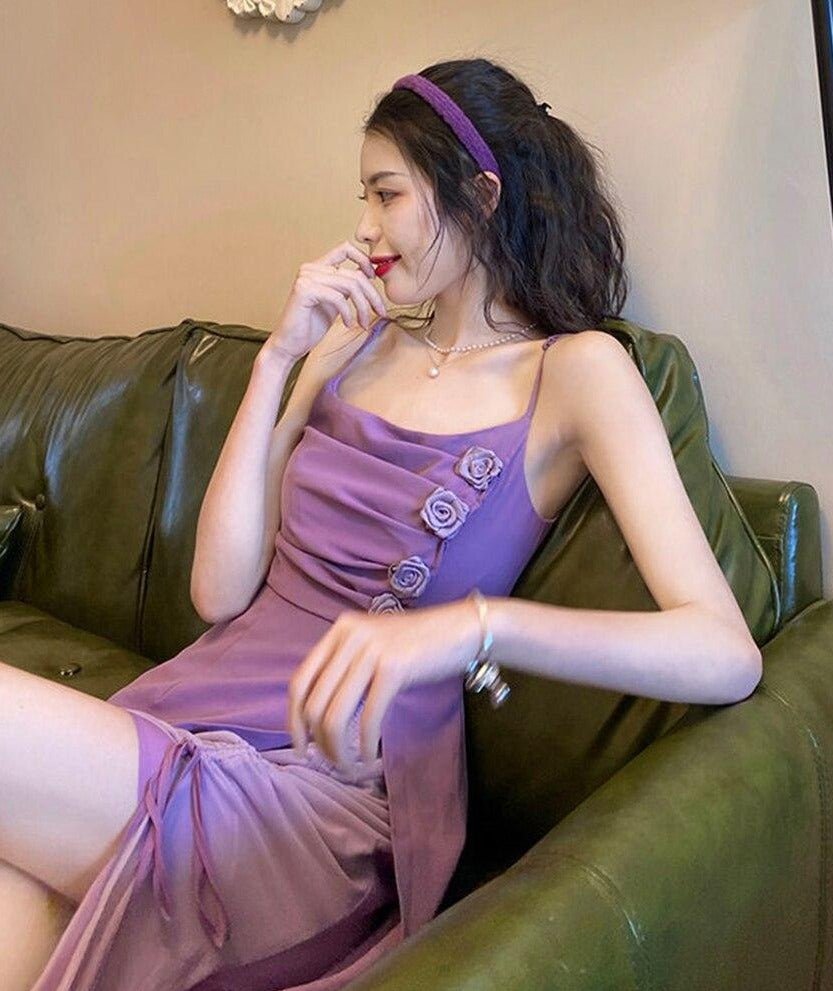 Bandage Ruched purple floral sexy dress girl French retro light mature style improved strap beach female DRESS-2