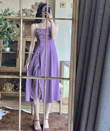 Bandage Ruched purple floral sexy dress girl French retro light mature style improved strap beach female DRESS-1