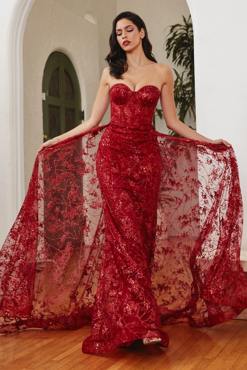 Dusty Blue, Red, Green Strapless Glitter Lace Gown with Detachable Overskirt CDCB046-4