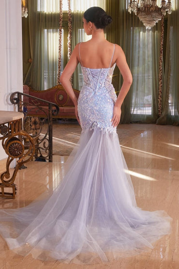 FLORAL SEQUINED LIGHT BLUE MERMAID GOWN CDCB148-1