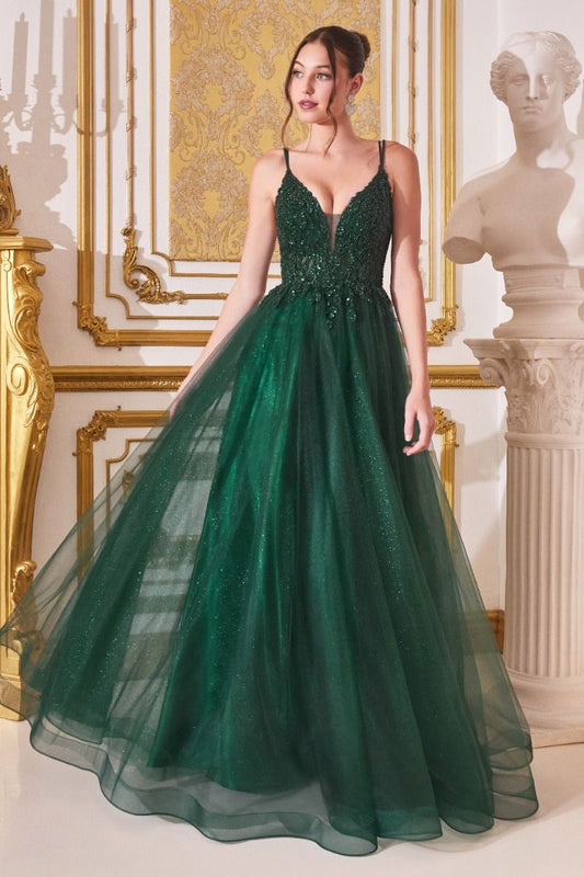A-Line Layered Tulle Open Back Illusion V-Neck Long Prom Dress CDCD0154-0