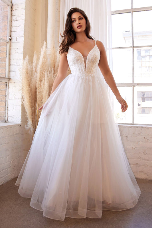 White Tulle A-Line Wedding Dress with Floral Appliqué and Plunging Neckline CDCD0154W-0