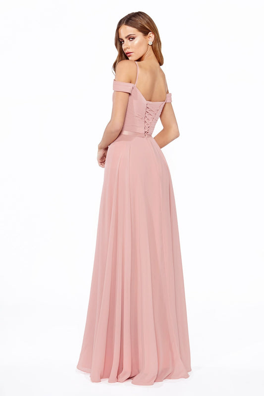 A-Line Chiffon Off Shoulder Corset Back Long Bridesmaid Dress CDCD0156-0
