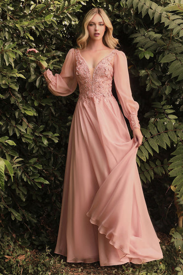 Elegant Long Puff Sleeves A-Line Chiffon Embellished V-Neck Long Evening & Prom Dress CDCD0183-1