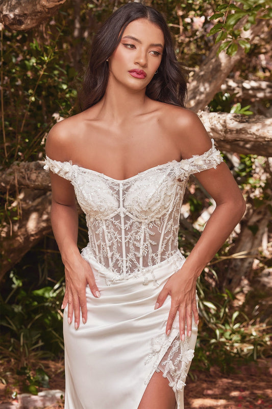 White Off-Shoulder Lace Corset Gown with High Slit – Bridal-Inspired Formal Dress CDCD0186W-0