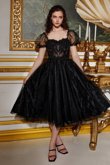 Black Glitter Corset Tea-Length Gown – Vintage-Inspired Tulle Dress with Puff Sleeves CDCD0187-1