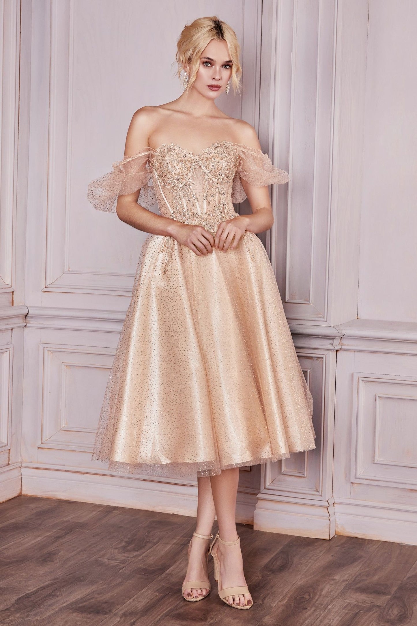Black Glitter Corset Tea-Length Gown – Vintage-Inspired Tulle Dress with Puff Sleeves CDCD0187-4