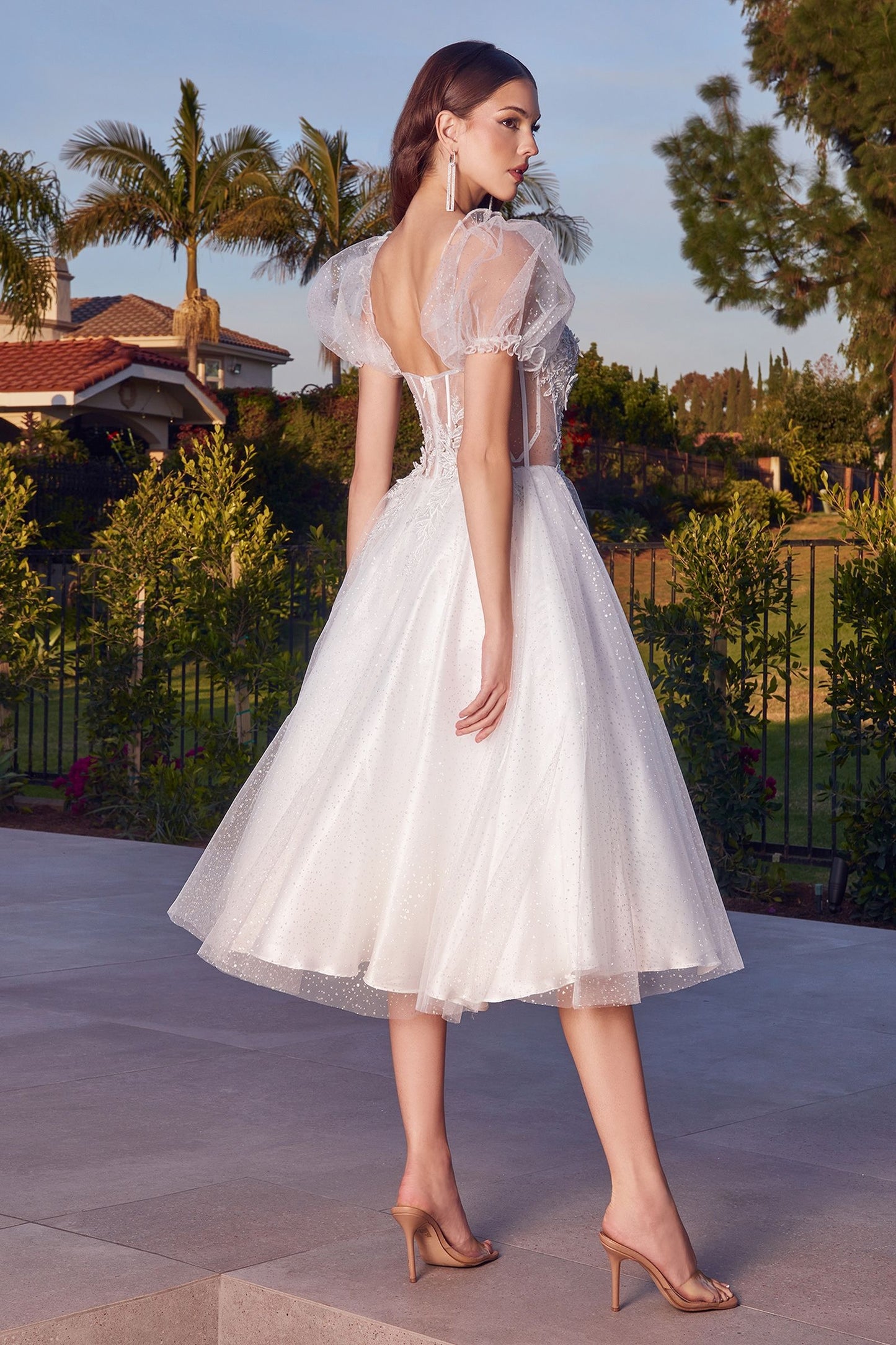 Layered Tulle Sheer Structured Corset Sweetheart Bodice Tea Length Bridal & Wedding Dress CDCD0187W