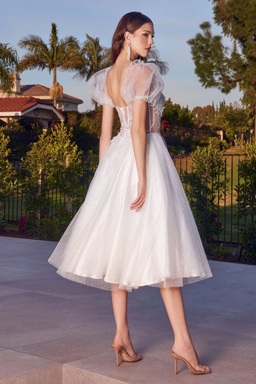 White | Puff Sleeve Short Tulle Dress with Corset Bodice & Glitter Skirt CDCD0187W-1