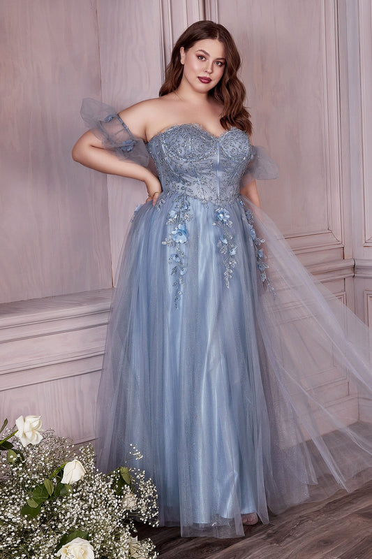 Blush & Burgundy Plus Size Tulle Ball Gown | Floral Appliqué Strapless Dress with Off-Shoulder Sleeves CDCD0191C-0