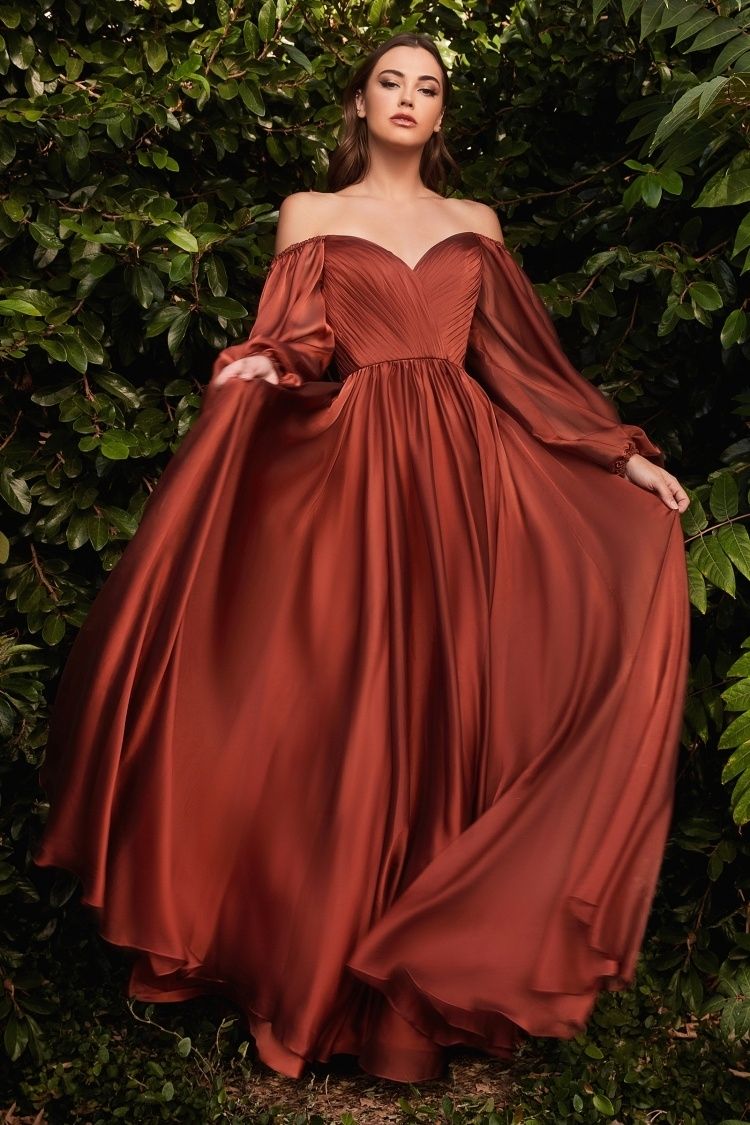 Off-Shoulder Chiffon A-Line Gown with Bishop Sleeves – Romantic Formal Dress with Sweetheart Neckline CDCD243-5