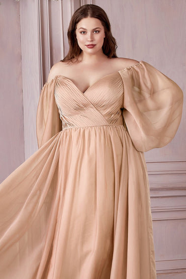 Plus Size Off-Shoulder Satin Gown with Bishop Sleeves – Romantic A-Line Formal Dress CDCD243C-1