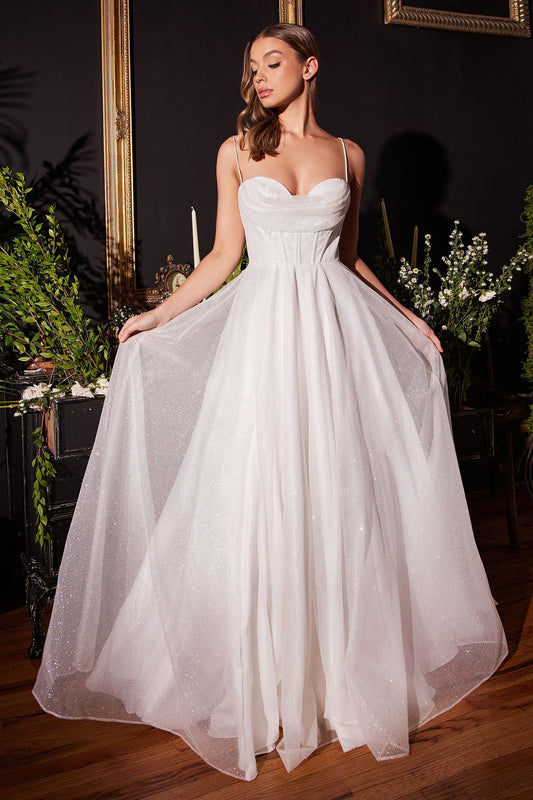 White Glitter Tulle Sweetheart Gown with Spaghetti Straps & A-Line Skirt CDCD253W-0