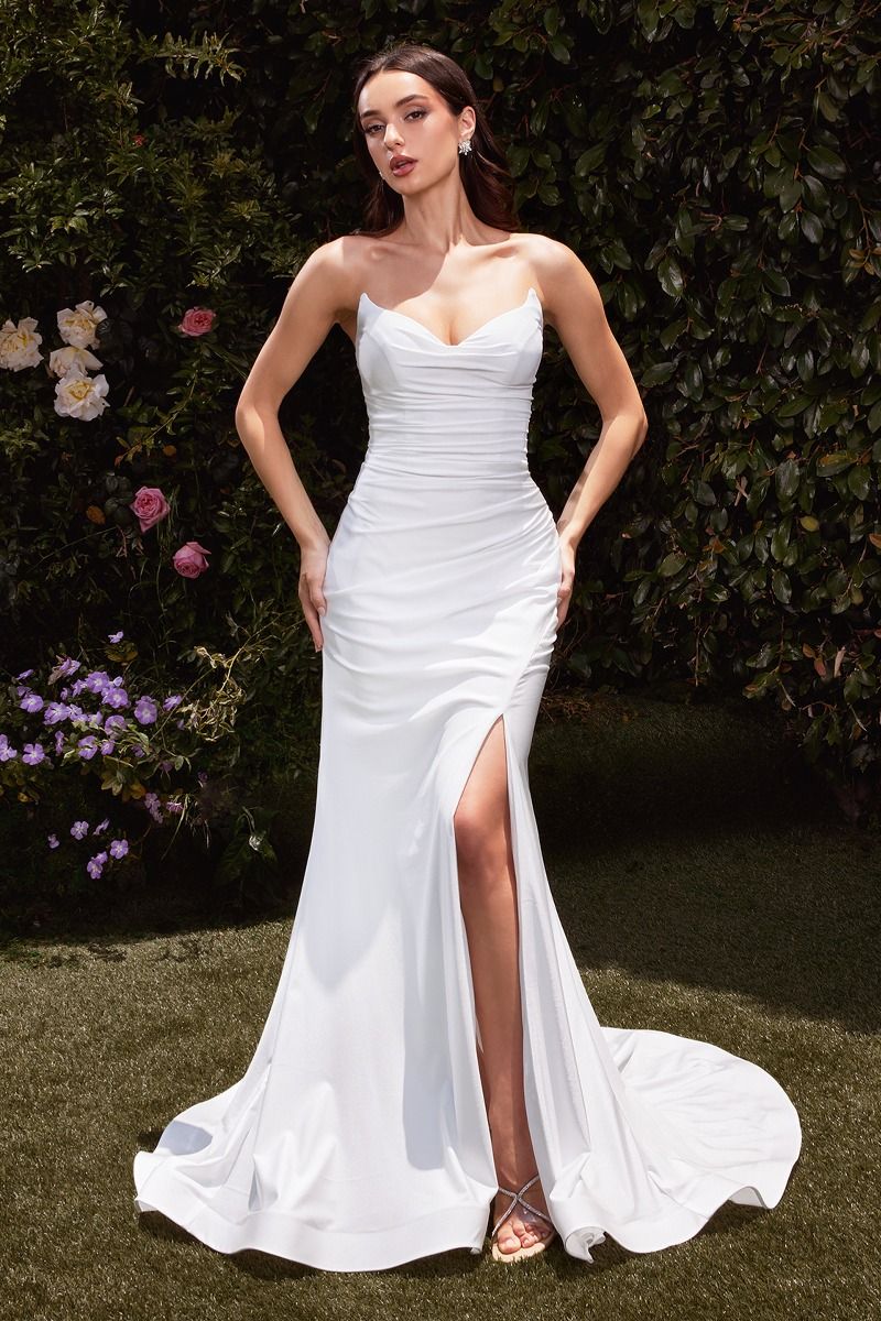 White Satin Sweetheart Gown with Ruched Bodice and Thigh Slit CDCD791W-0