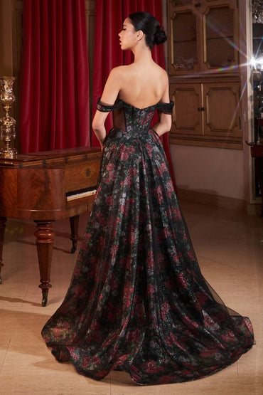 BLACK OFF THE SHOULDER BALL GOWN WITH FLORAL UNDERLAY CDCD806-1