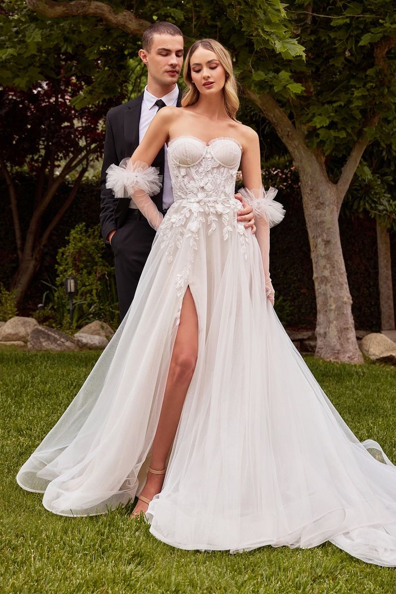 Strapless A-Line With Gloves Side Slit Tulle Skirt Long Wedding Dress CDCD859W