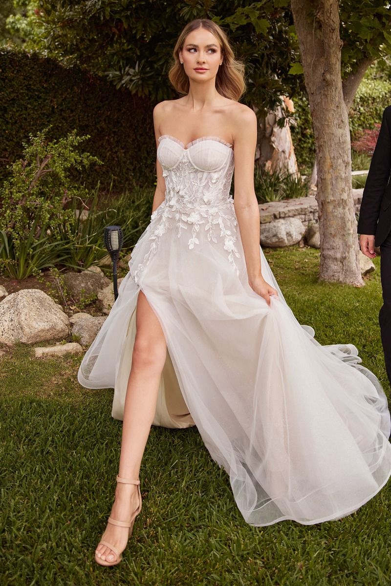 Strapless A-Line With Gloves Side Slit Tulle Skirt Long Wedding Dress CDCD859W