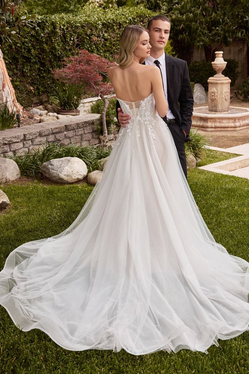 Strapless A-Line With Gloves Side Slit Tulle Skirt Long Wedding Dress CDCD859W