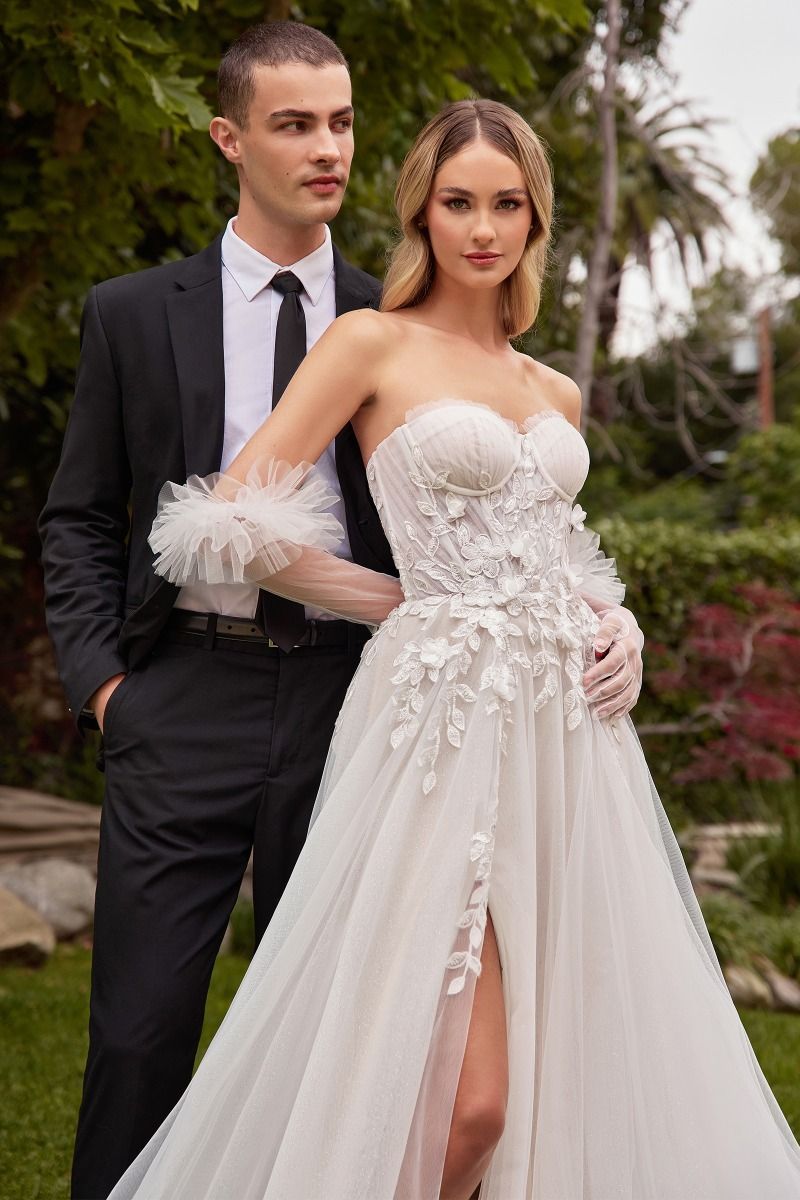 Strapless A-Line With Gloves Side Slit Tulle Skirt Long Wedding Dress CDCD859W