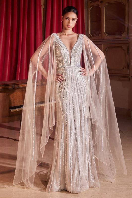 Champagne | Beaded Cape Sleeve Evening Gown with Deep V-Neck CDCD865-0