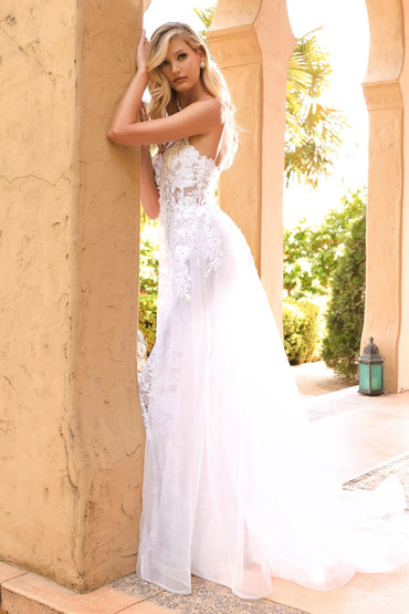 White | Sheer Lace Appliqué Wedding Gown with Spaghetti Straps & Tulle Overskirt CDCD931W-1