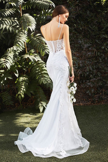 White | Lace Appliqué Mesh Mermaid Gown with Sheer Skirt and Spaghetti Straps CDCD937W-1