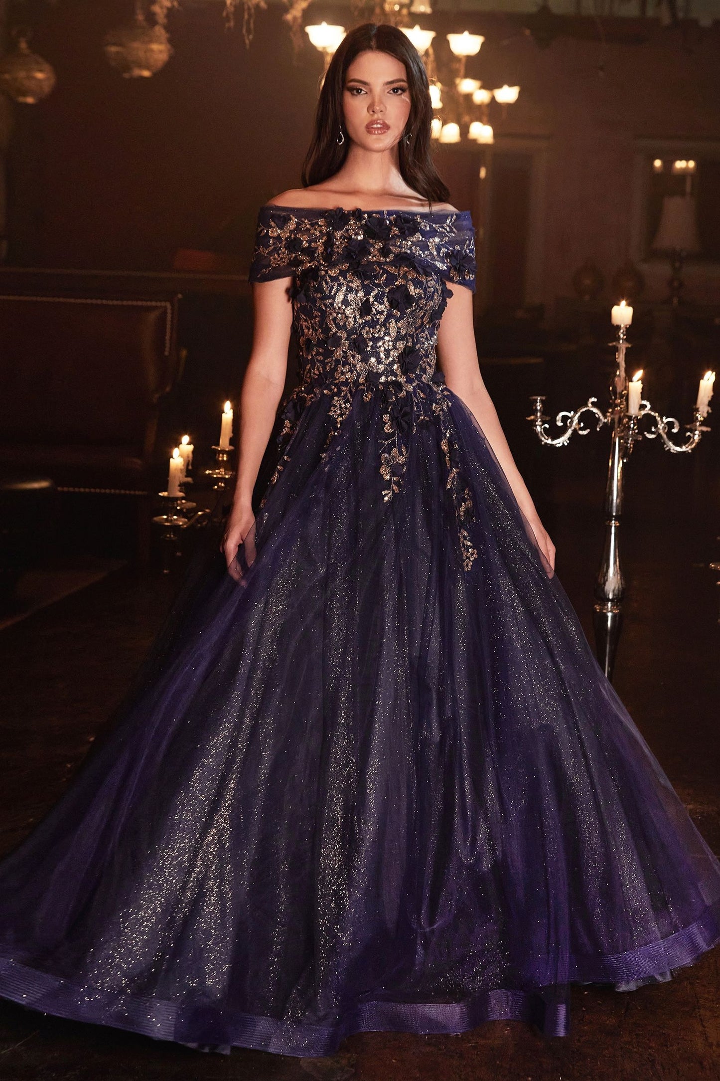 Strapless Glitter Sequin Tulle A-line Detachable Floral Shawl Embellished Long Prom & Ball Dress CDCD955