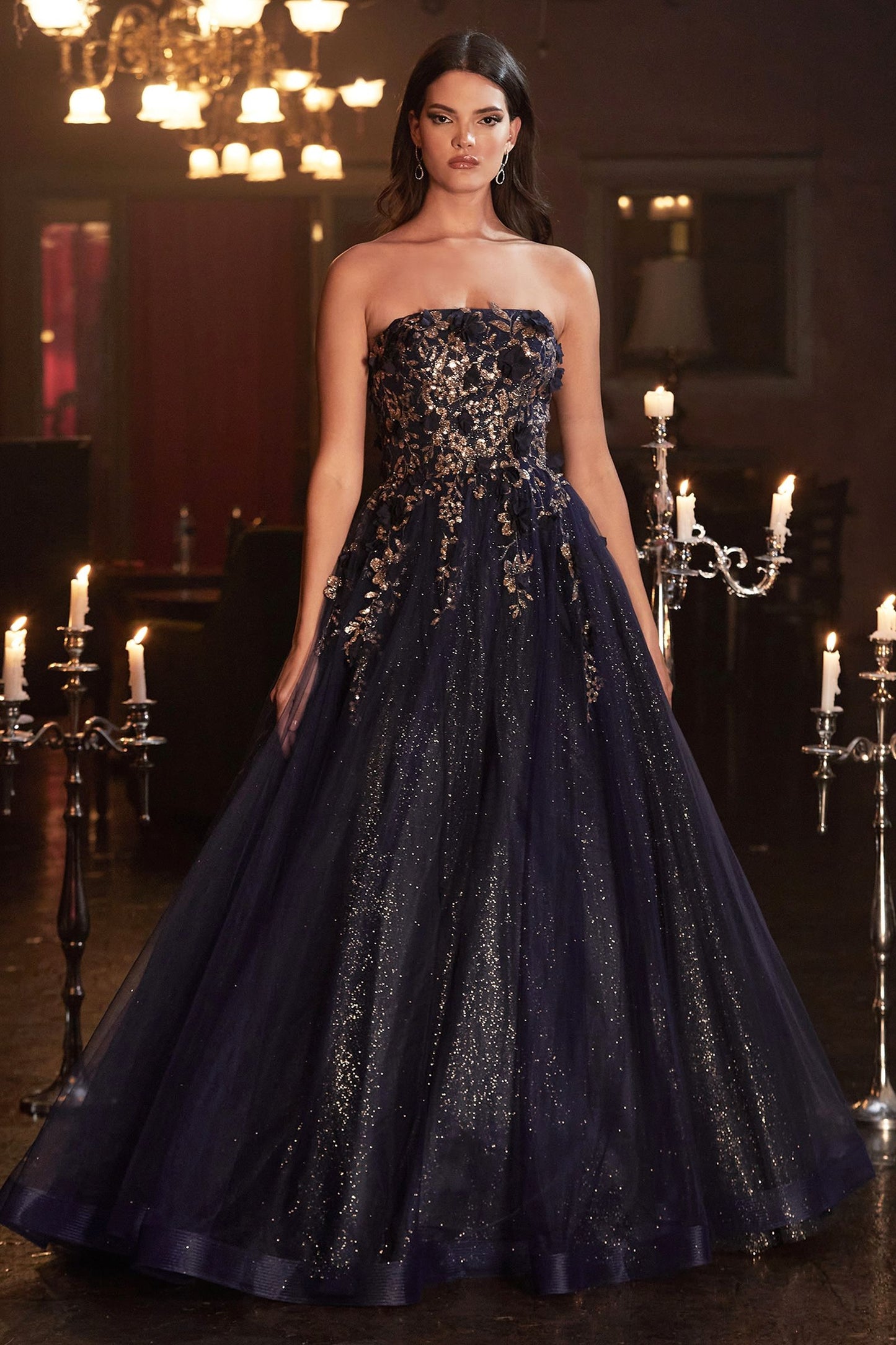 Strapless Glitter Sequin Tulle A-line Detachable Floral Shawl Embellished Long Prom & Ball Dress CDCD955