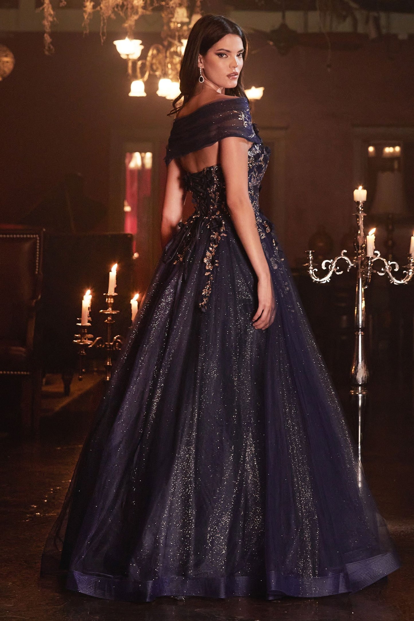 Strapless Glitter Sequin Tulle A-line Detachable Floral Shawl Embellished Long Prom & Ball Dress CDCD955