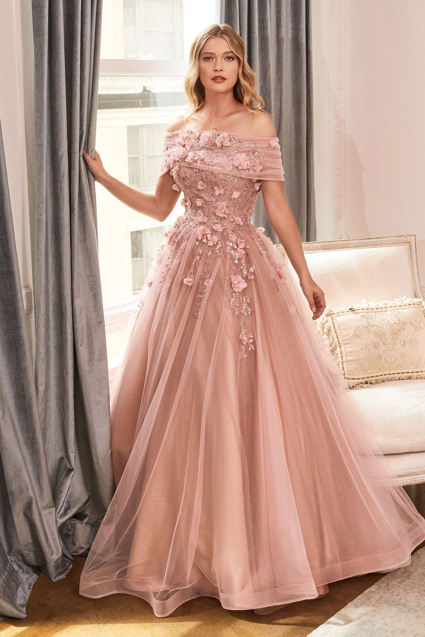 Strapless Glitter Sequin Tulle A-line Detachable Floral Shawl Embellished Long Prom & Ball Dress CDCD955
