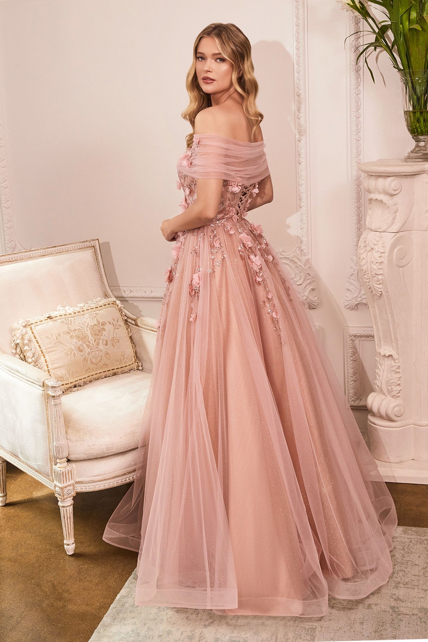 Strapless Glitter Sequin Tulle A-line Detachable Floral Shawl Embellished Long Prom & Ball Dress CDCD955
