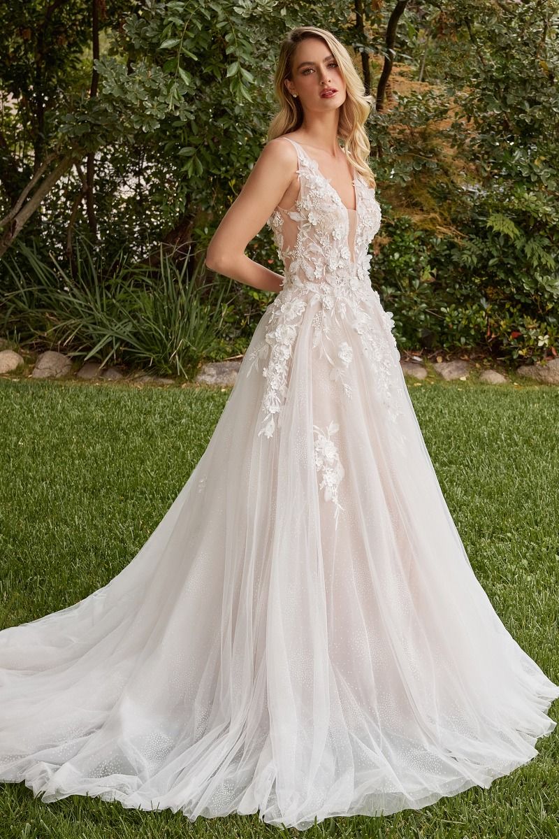 A-Line Open V-Back Removable Sheer Sleeves Long Wedding Dress CDCDS436W-4