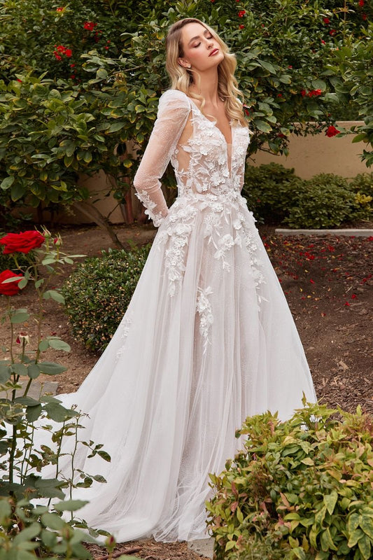 A-Line Open V-Back Removable Sheer Sleeves Long Wedding Dress CDCDS436W-0