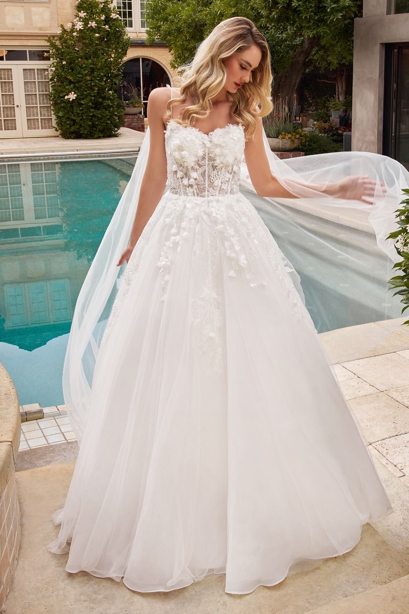Layered Tulle Sweetheart Sheer Embroidered Lace Long Wedding Dress CDCDS437W