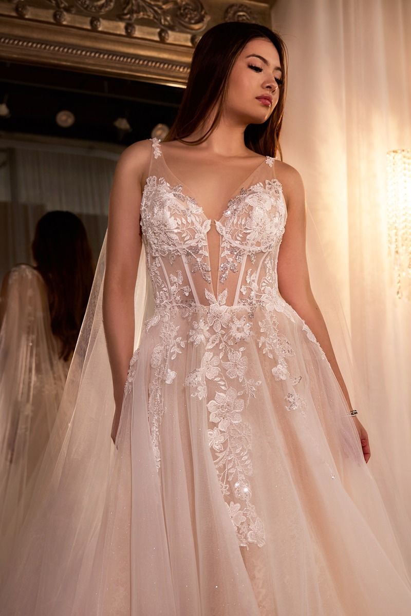Layered Tulle & Lace Sheer Bodice Ball Long Wedding Dress CDCDS476W