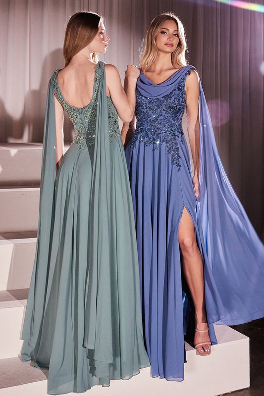 Sage Green Chiffon Gown with Embroidered Bodice and Side Slit CDCDS509-0