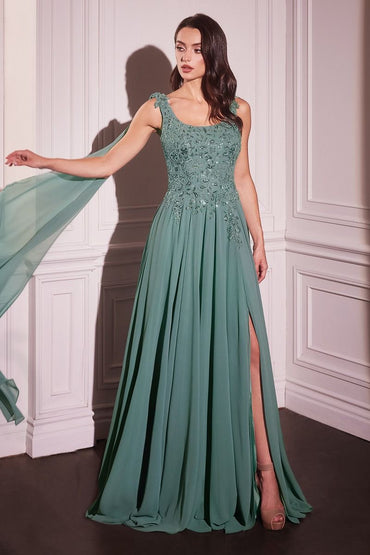 Sage Green Chiffon Gown with Embroidered Bodice and Side Slit CDCDS509-1