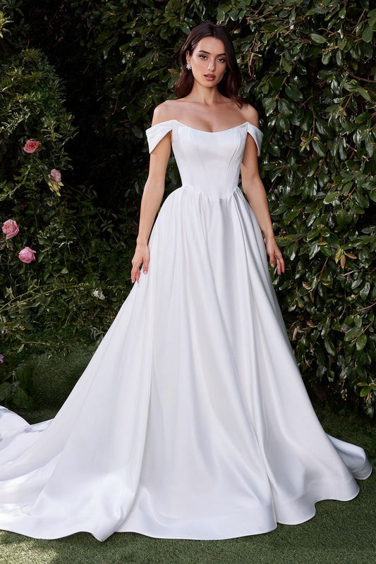Off-Shoulder Satin Corset Wedding Gown with Flowing A-Line Skirt CDCDS513W-0
